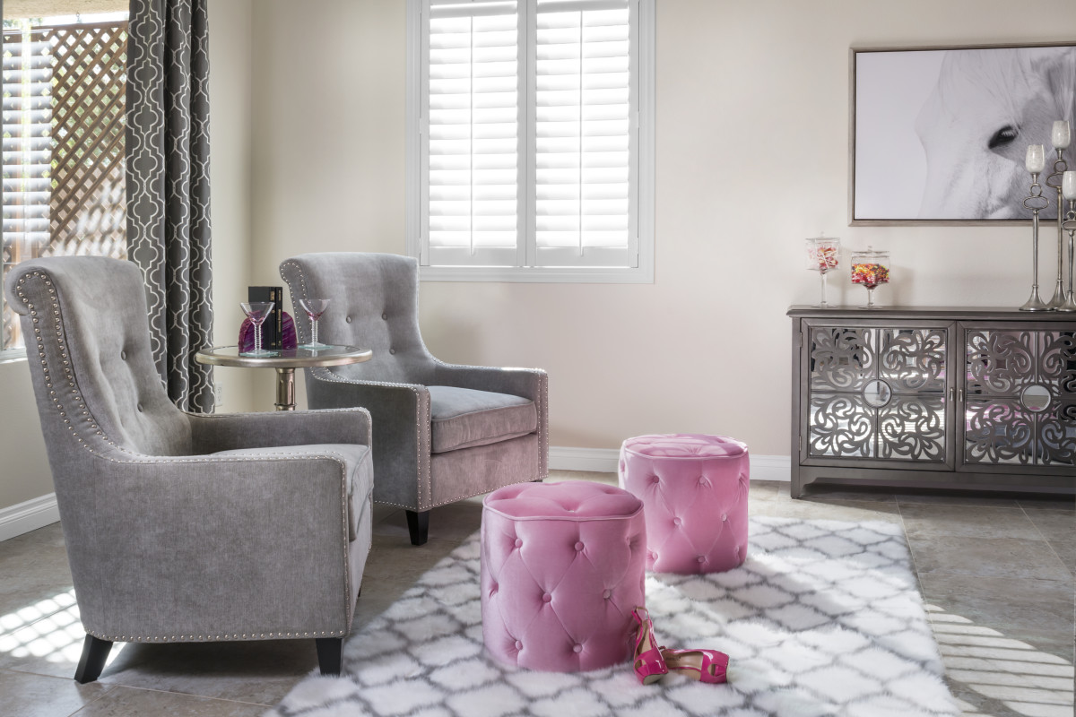 Cleveland pink living room with shutters